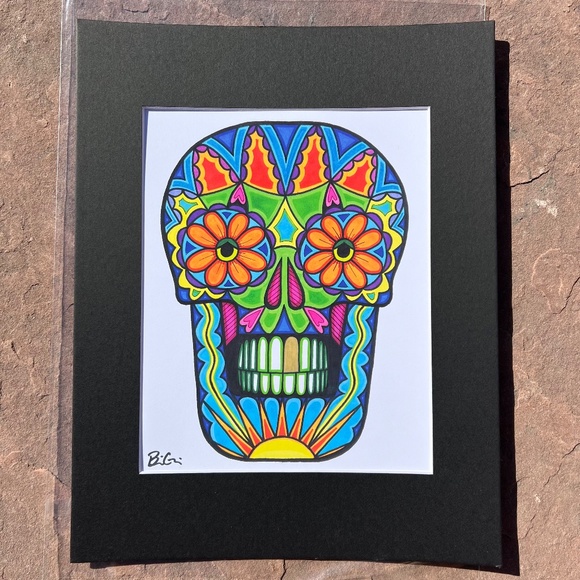 Art - Orange Daisy Eyes Skull Matted Print; Rare/few prints available; Frameable - Picture 4 of 6